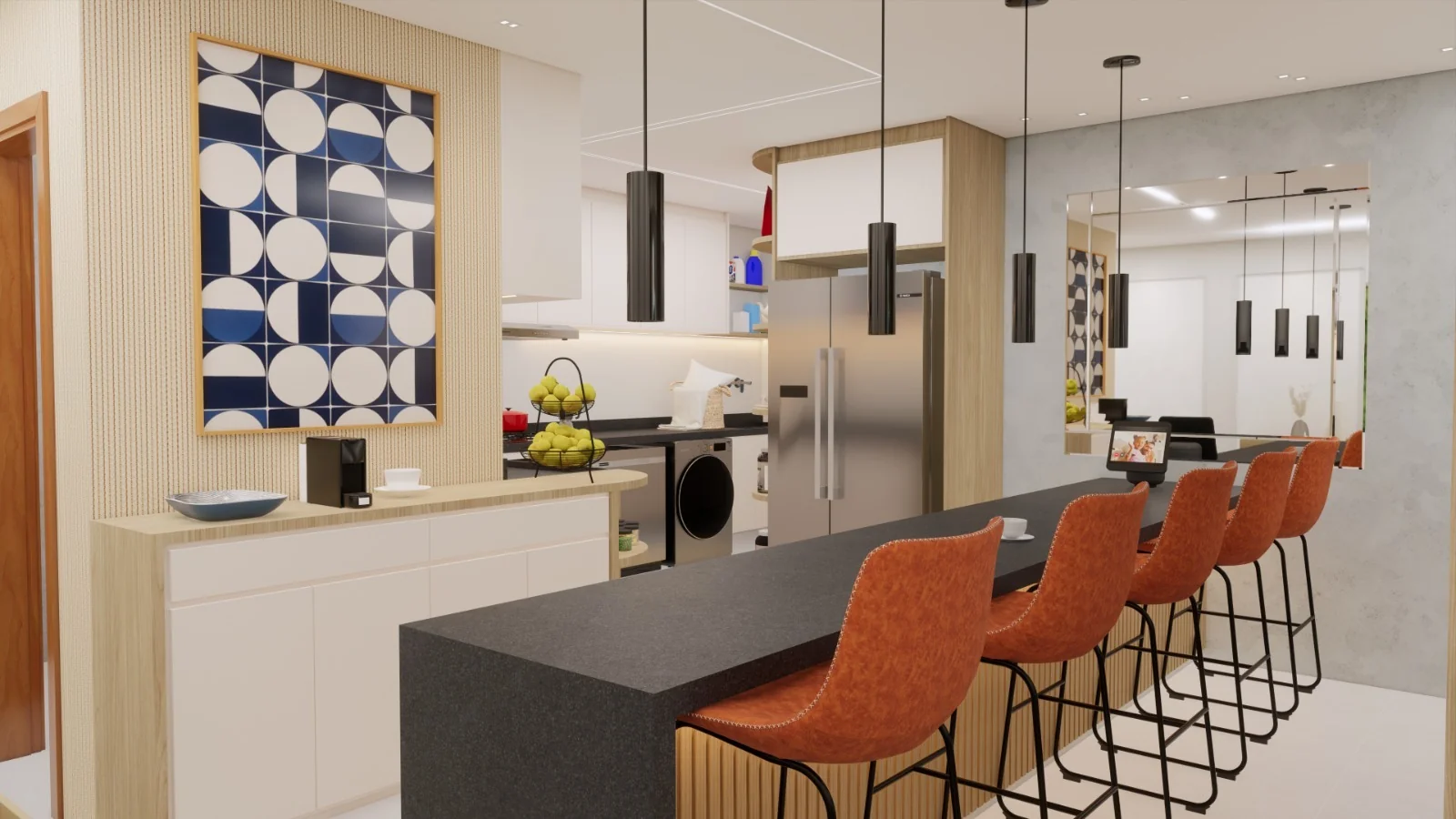 Renderização 3D de cozinha planejada
